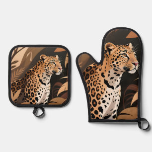 Majestätische Leopard-Dschungel-Wildnis  Ofenhandschuh & Topflappen-Set
