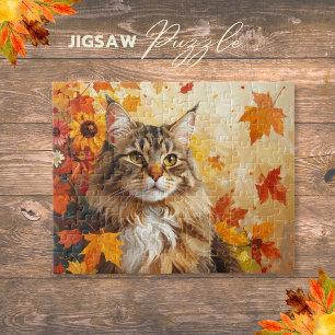 Majestätische Maine Coon mit Herbstlaub und Sonnen Puzzle