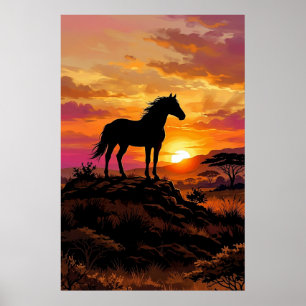 Majestätische Pferdesilhouette bei Sonnenuntergang Poster