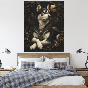 Majestätische schwarze Gold Husky Fantasy-Wandkuns Leinwanddruck