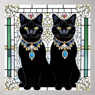 Majestätische schwarze Katzen Buntglas Schmuck Wan Poster