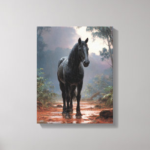 Majestätische Schwarze Pferd-Wald-Bach-Kunst Leinwanddruck
