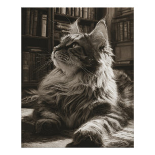 Majestätische Sepia-Maine-Coon-Bibliothekskatzenku Poster
