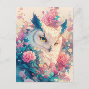 Majestätische Weiße Eule im rosa Rosen Garten Postkarte