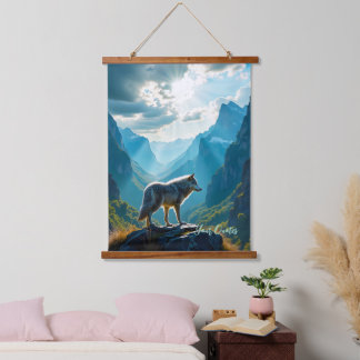 Majestätische Wolf Berg Kunst Wandteppich Mit Holzrahmen