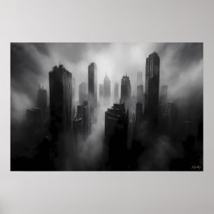 Majestätische Wolkenkratzer gehüllt in dramatische Poster