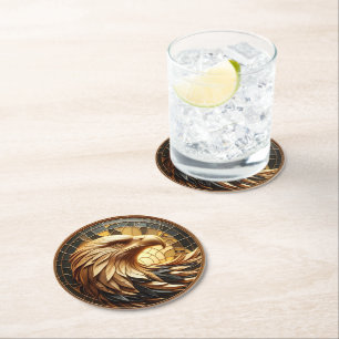 Majestätischer Adler, der durch Buntglas fliegt Runder Pappuntersetzer