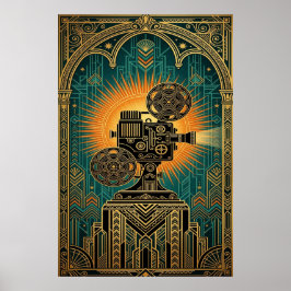 Majestätischer Art Deco Vintage Filmprojektor Gold Poster
