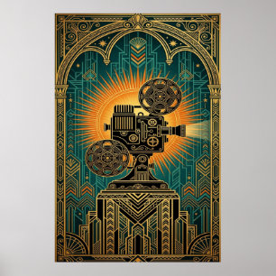 Majestätischer Art Deco Vintage Filmprojektor Gold Poster