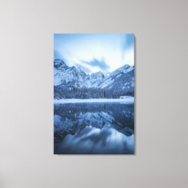 Majestätischer Berg Mangart Reflektion Fuskersee Leinwanddruck (Vorderseite)