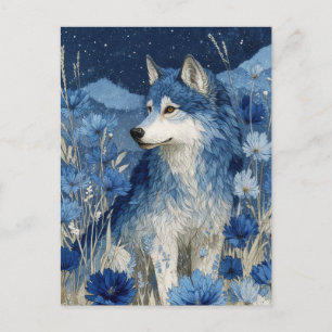 Majestätischer blauer Wolf im Sternenblütengarten Postkarte