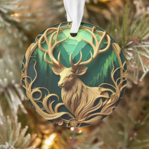 Majestätischer Buck, der in einen ruhigen Wald hin Ornament