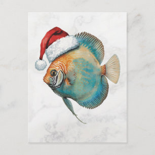 Majestätischer Diskusfisch in Santa-Mütze Aquarell Feiertagspostkarte