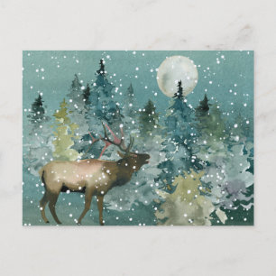 Majestätischer Elch im Wald bei Vollmond-Schneefal Postkarte