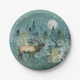 Majestätischer Elch im Wald Vollmond Schneefall Ur Pappteller