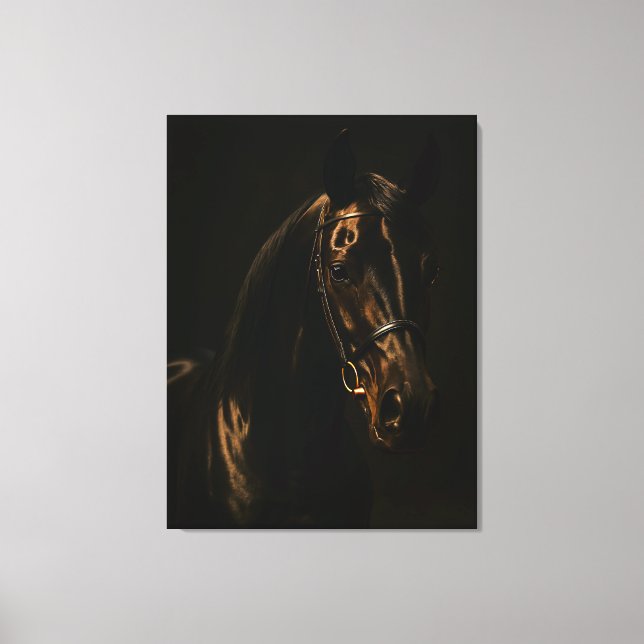 Majestätischer Fuchsbrauner Hengst im Dunkeln Leinwanddruck (Vorderseite)