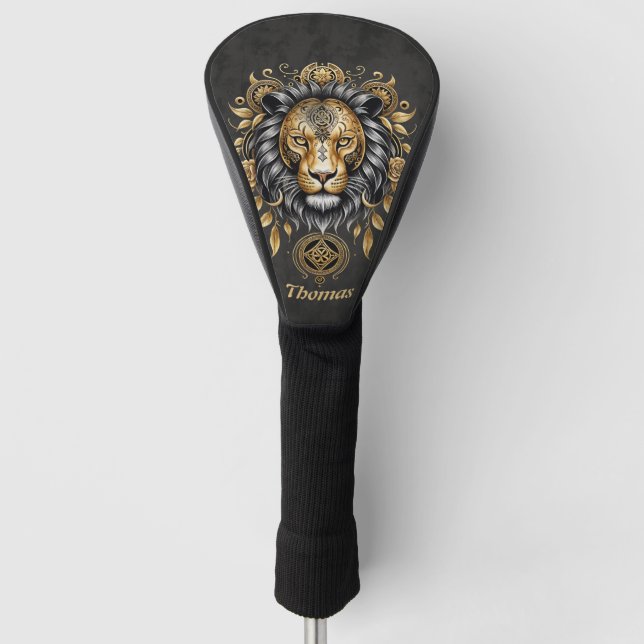 Majestätischer goldener Löwenkopf mit schwarzer Ma Golf Headcover (Vorderseite)