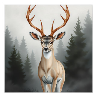 Majestätischer Hirsch im nebligen Wald – Ruhige Ti Poster