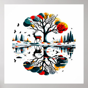 Majestätischer Hirsch im schneebedeckten Winterwal Poster