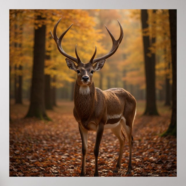 Majestätischer Hirsch  Poster (Notice the intricate details of its antlers and the vibrant colors of the fallen leaves.  )