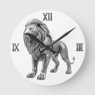 Majestätischer keltischer Silberlöwe mit aufwendig Runde Wanduhr