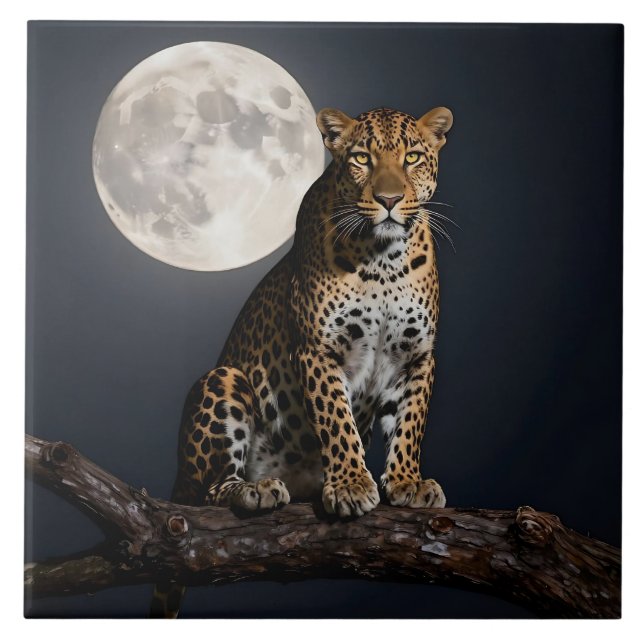 Majestätischer Leopard und Vollmond   Fliese (Vorderseite)