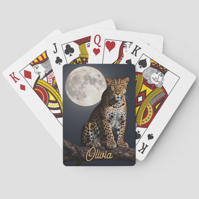 Majestätischer Leopard und Vollmond personalisiert Spielkarten (Rückseite)