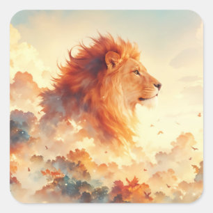 Majestätischer Löwe unter strahlenden Wolken Quadratischer Aufkleber