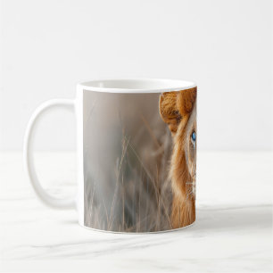 Majestätischer männlicher Löwe mit leuchtend blaue Kaffeetasse