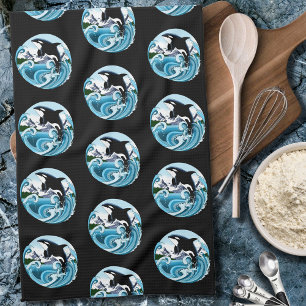 Majestätischer Orca-Schwertwal Blaue Wellen Ozean Geschirrtuch
