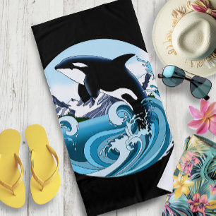Majestätischer Orca-Schwertwal Blaue Wellen Ozean Strandtuch