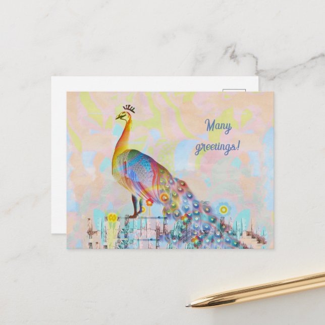 Majestätischer Pfau auf einem Zaun - abstrakt Postkarte (Vorderseite/Rückseite Beispiel)
