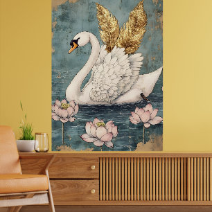 majestätischer Schwan mit goldenen Flügeln schwebt Poster
