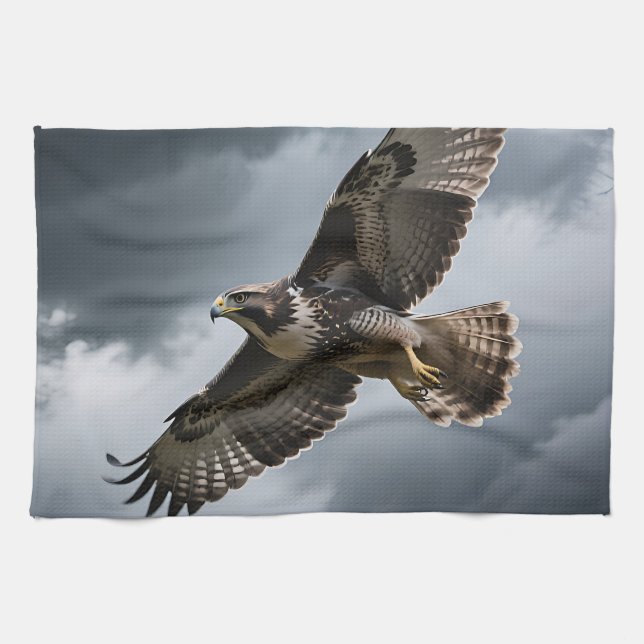 Majestätischer schwebender Habicht Sturmwolken Geschirrtuch (Horizontal)