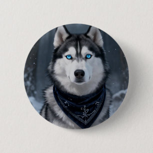 Majestätischer Siberian Husky Blaue Augen Winter S Button