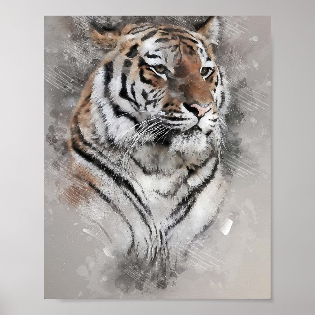 majestätischer Tigerkopf mit Aquarellmalerei Poster (Vorne)