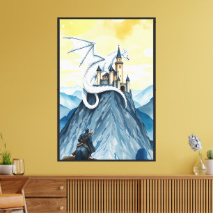 Majestätischer Weißer Drache über der Festung Leinwanddruck