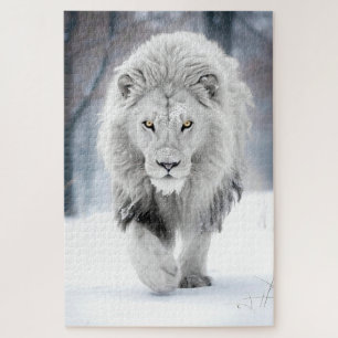 Majestätischer Weißer Löwe im Winter Wonderland De Puzzle
