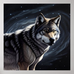Majestätischer Wolf unter sternklarem Himmel Poster
