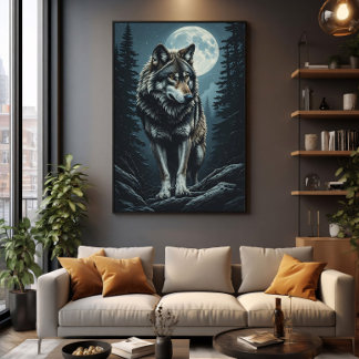 Majestätischer Wolf unter Vollmond Poster