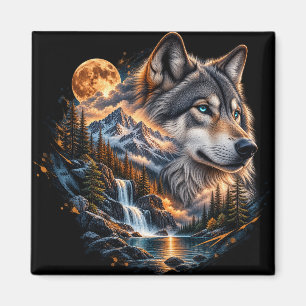 Majestätischer Wolf Vollmond Berg Wasserfall Quadr Magnet