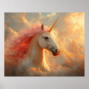 Majestätisches Einhorn in Sonnenuntergangswolken Poster