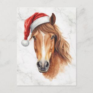 Majestätisches Pferd mit Santa-Mütze Aquarell Feiertagspostkarte