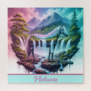 Majestätisches Pferd Wasserfall Lila Rosa Türkis Puzzle