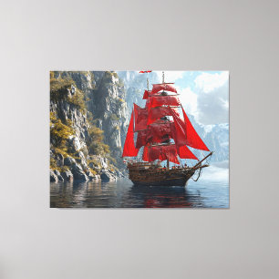 Majestätisches Schiff mit roten Segeln nahe steile Leinwanddruck