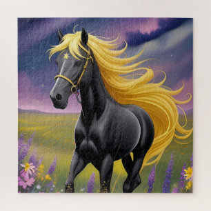 Majestätisches schwarzes Pferd mit fließender gold Puzzle