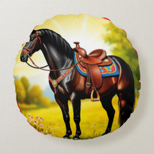 Majestätisches schwarzes Pferd mit Sattel Rundes Kissen