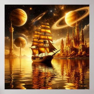 Majestätisches Segelschiff unter goldenem Himmel Poster