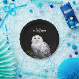 Majestätisches Winter-Schneeeulen-Monogramm mit in Pappteller