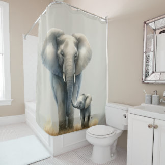 Majestic African Elephant and Baby in Watercolor Duschvorhang